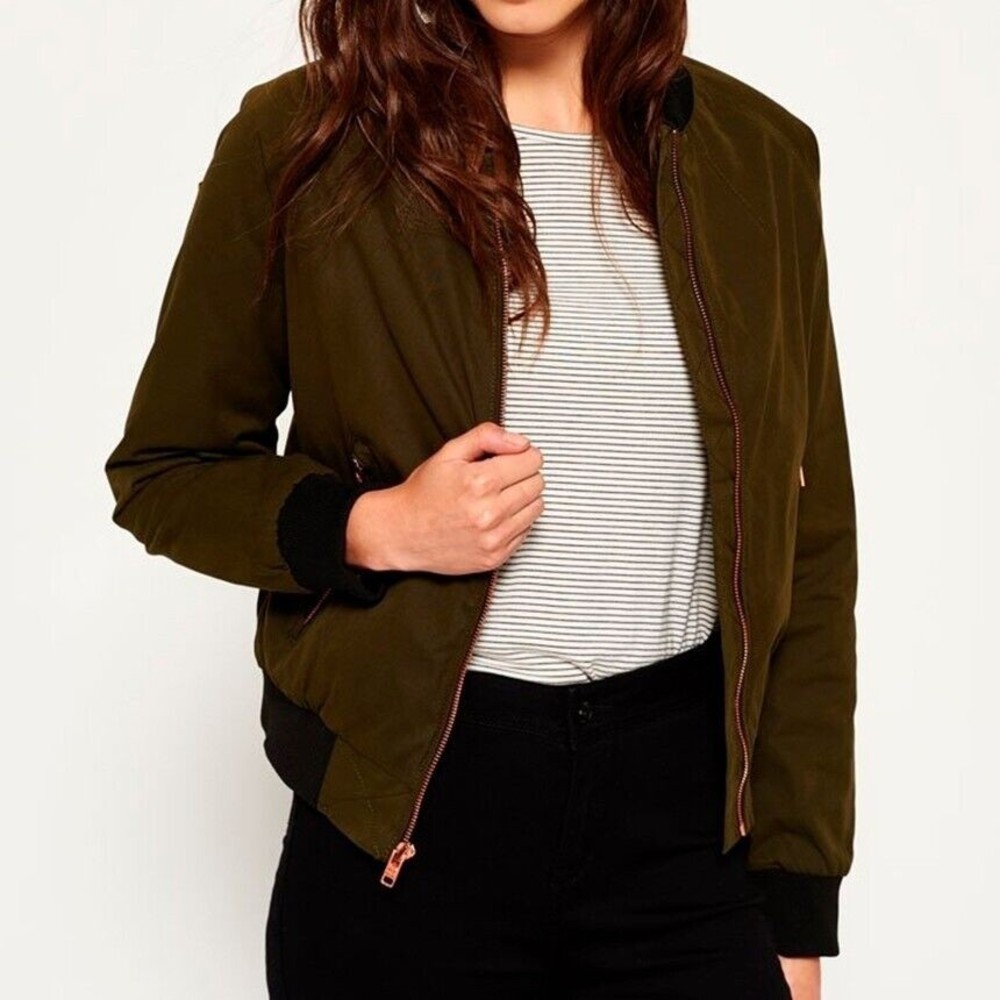 SUPERDRY Women's Alia Bomber Pilot Jacket Olive Green Size Large - EUC